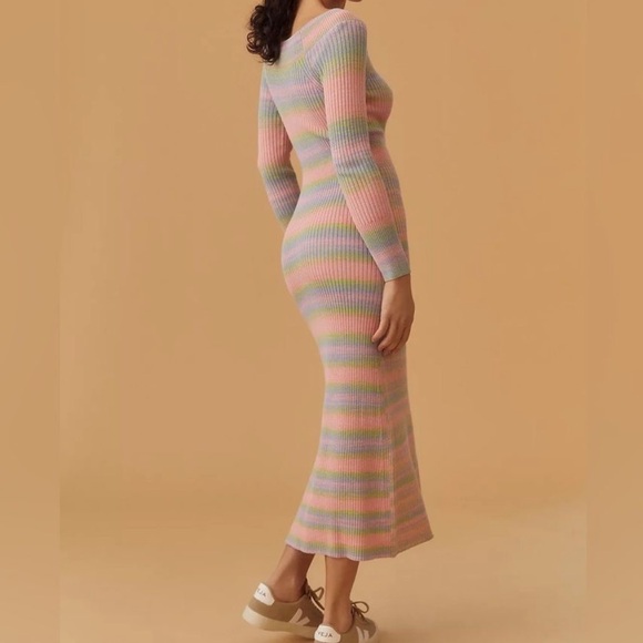 NWOT Anthropologie Daily Practice Rainbow Striped Sweater Midi Dress Pink Combo - Picture 5 of 6